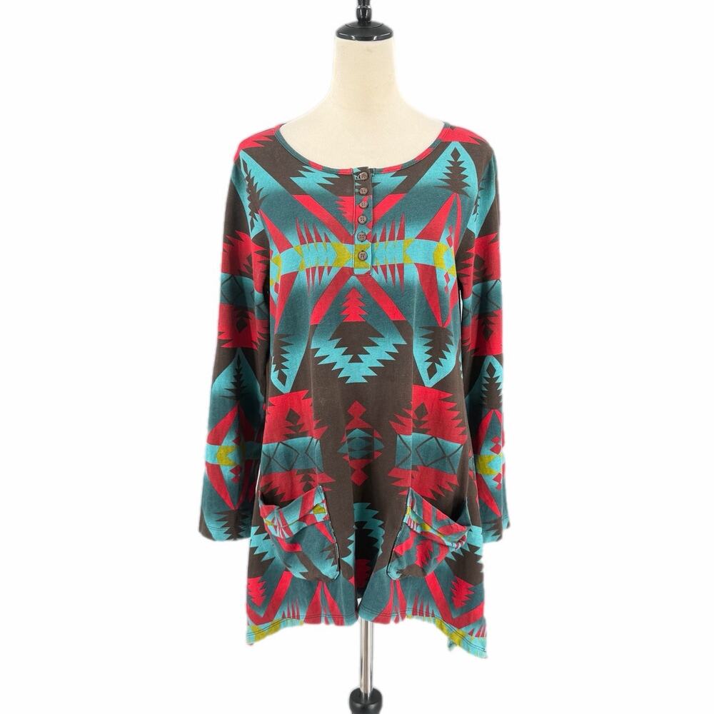 Tasha Polizzi Collection Teal Red Brown Knit Cotton Southwestern Aztec Print Top